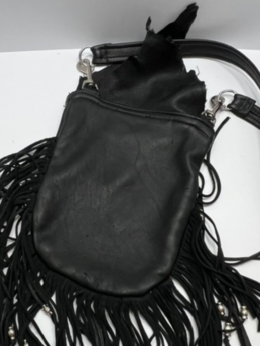 Hand Crafted Leather Ladies Fringed Biker Hip Bag w/Detach Crossbody Strap Black - Picture 4 of 8